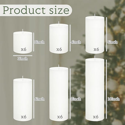 Shihanee 36 Pcs Pillar Candles 3 in x 3,4,5,6,8,10 Dripless Unscented Smokeless Candle Long Burning Decorative Rustic Candles with Cotton Wick for Wedding Home Fireplace (White)