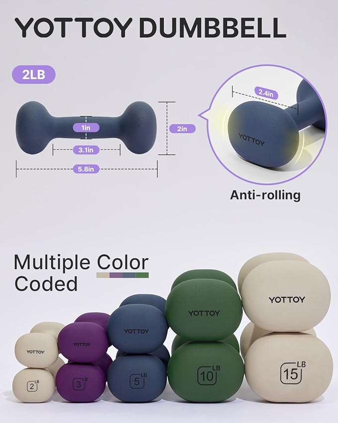 YOTTOY Weights Dumbbells Set for Women,2-15 Pound Dumbbells Set of 2, Non-Slip Hand Weights for Home Workouts, Portable Strength Training Neoprene dumbbells
