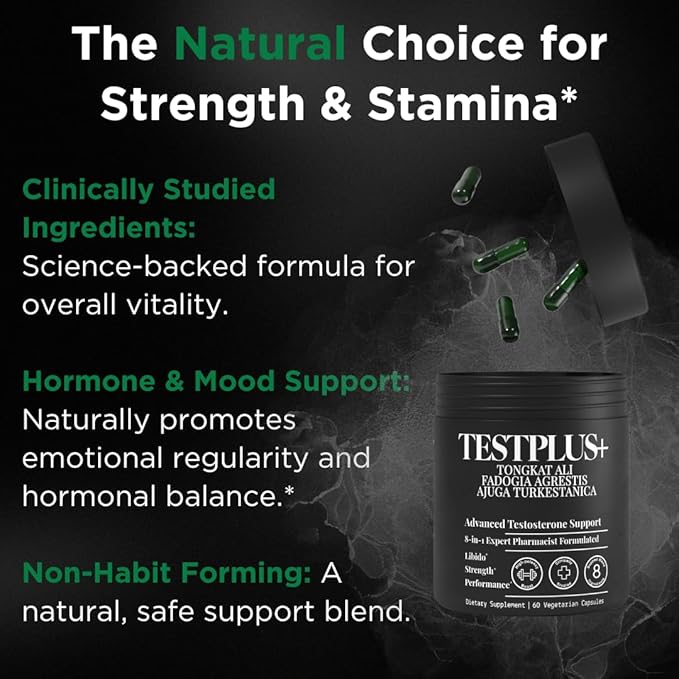 TESTPLUS+ 8-in-1 Testosterone Supplement for Men, 10X Strength Testosterone Booster, Libido Booster & Muscle Builder for Men, Tongkat Ali, Fadogia Agrestis, Turkestanica, Ashwagandha, Tribulus