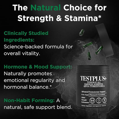 TESTPLUS+ 8-in-1 Testosterone Supplement for Men, 10X Strength Testosterone Booster, Libido Booster & Muscle Builder for Men, Tongkat Ali, Fadogia Agrestis, Turkestanica, Ashwagandha, Tribulus