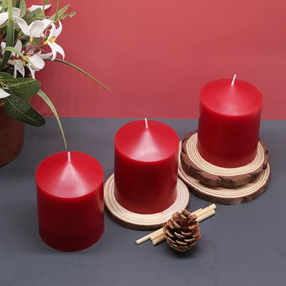 3x4 Inch Red Pillar Candles, 3 Packs Unscented Smokeless Dripless Cylinder Candles for Christmas, Wedding, Party, Home and Dinner Table, 45 Hours Burn