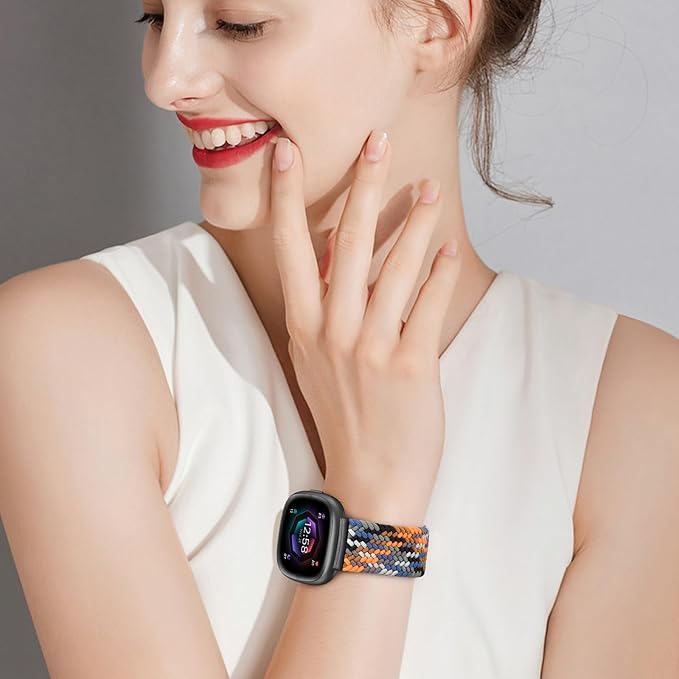 Fintie Magnetic Braided Stretchy Band Compatible with Fitbit Versa 4 3 / Sense 2 1, Soft Woven Nylon Sport Elastic Replacement Strap Wrist Bands, Camouflage Colors