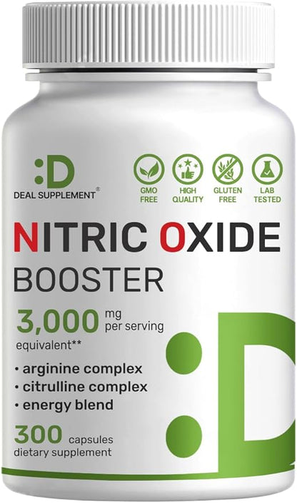 Nitric Oxide Booster 3,000mg Per Serving, 300 Capsules ??12 in 1 Nitric Oxide Supplement ??Arginine & Citrulline Complex with Energy Blend ??Marshmallow Root ??Promotes Nutrient Flow to Muscles&Heart