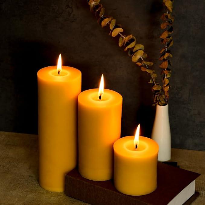 3PCS 3"x 3" Beeswax Pillar Candles, Made of Pure Natural Beeswax, with Ultra Long Burning Time and Low Allergenicity-Raw,40H