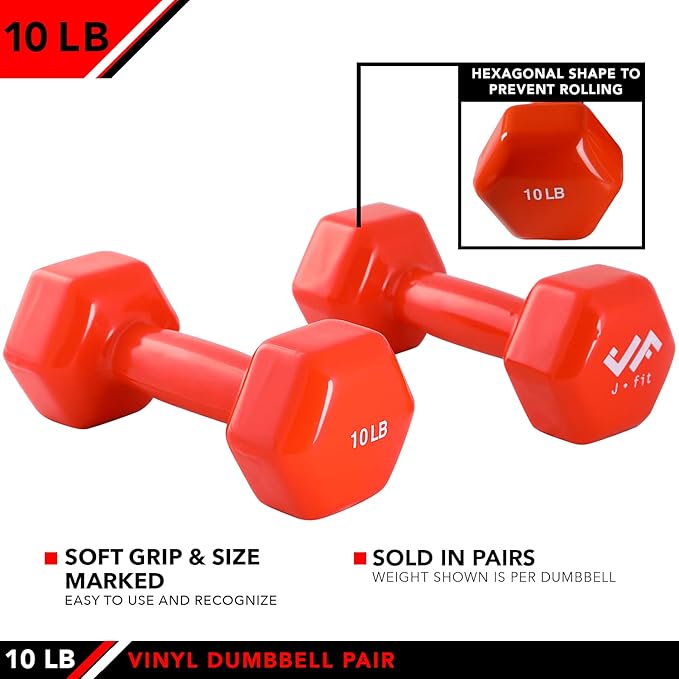 JFIT Dumbbell Pairs or Sets – Neoprene & Vinyl Coated Hand Weights for Home Gym, Strength Training, Aerobics, Cardio Exercise and Fitness