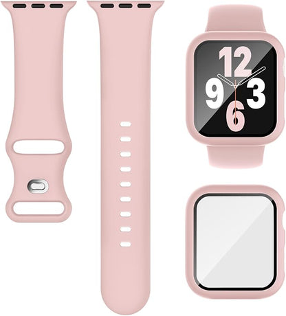 Compatible for Apple Watch Band 40mm 41mm and Case with Screen Protector, Soft Silicone Sport Strap Bands and Protective Cover with Tempered Glass for iWatch Series 9 8 7 SE 6 5 4
