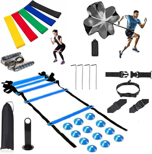 Speed Training Equipment Set, 12 rungs Agility Ladder, 12 Soccer Cones, Jump Rope, Running Parachute, Resistance Bands, Basketball Football Soccer Training Equipment for Kids Youth Adults.