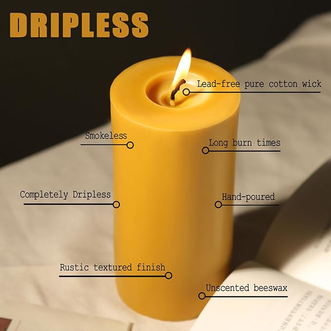 6 Packs Natural Beeswax Candles, 100% Pure Beeswax Pillar Candles for Emergency Prayer Home Decor, Bees Wax Candle for Relax, Smokeless & Dripless [2x4 inch]