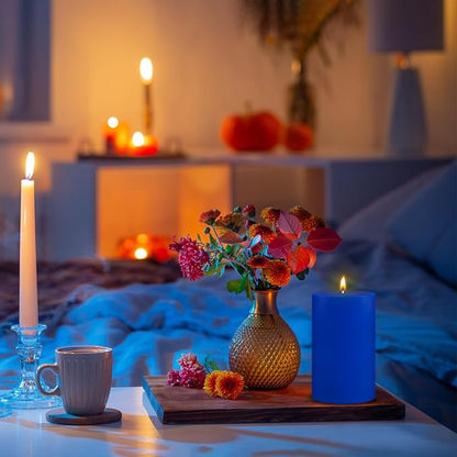 Set of 3 Different Size Blue Colored Pillar Candles, Unscented Dripless 2.75x3, 2.75x4, 2.75x6 Inch Long Lasting Burning Assorted Heights Cylinder Wax Candles for Home Table Hurricane Power Outage