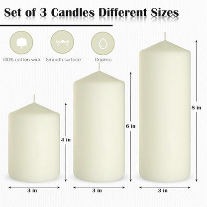 Dripless 3x4 3x6 3x8 Inch Ivory Pillar Candles, 3 Packs Unscented Long Lasting Large Different Sizes Cylinder Column Wax Candles for Home Table Decor Power Outage Emergency