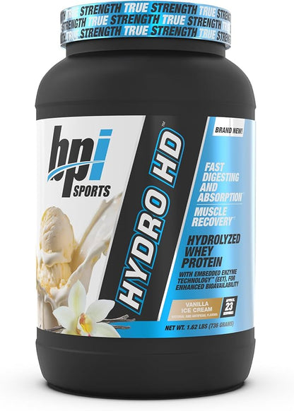 BPI Sports Hydro HD - 100% Hydrolyzed Whey Protein Powder - Muscle Growth, Recovery, 25g of Hydrolyzed Protein, Low Carb, Low Sugar, Fast Absorbing (23 Servings, Vanilla Ice Cream)
