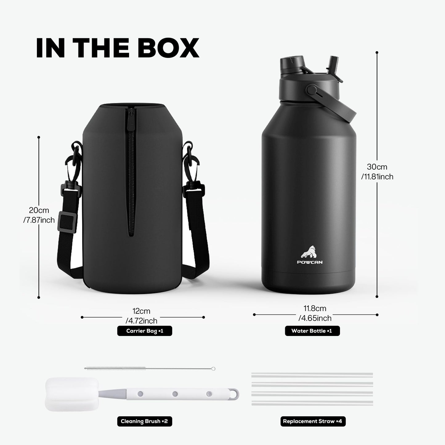 POWCAN 64 oz Insulated Water Bottle for Sports: 2-in-1 Straw & Spout Lid, Leakproof, Carrier Bag