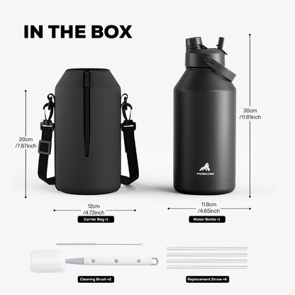 POWCAN 64 oz Insulated Water Bottle for Sports: 2-in-1 Straw & Spout Lid, Leakproof, Carrier Bag