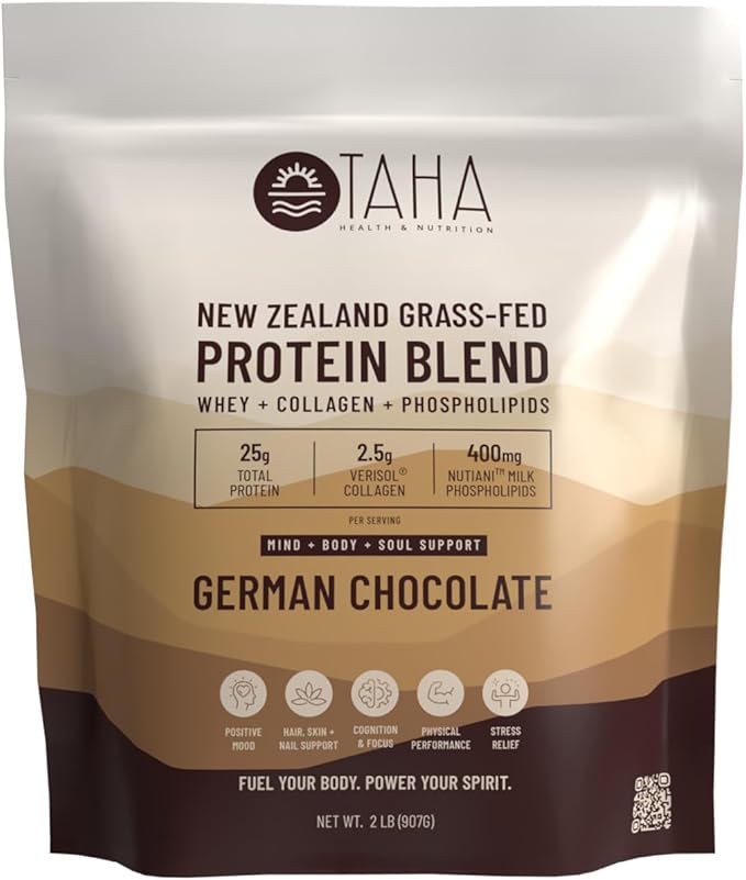 Taha Health & Nutrition Mind + Body Protein Blend ??German Chocolate | 25g Protein from Whey & Collagen + 400mg Milk Phospholipids | Grass-Fed, Free-Range New Zealand Dairy | 2LB