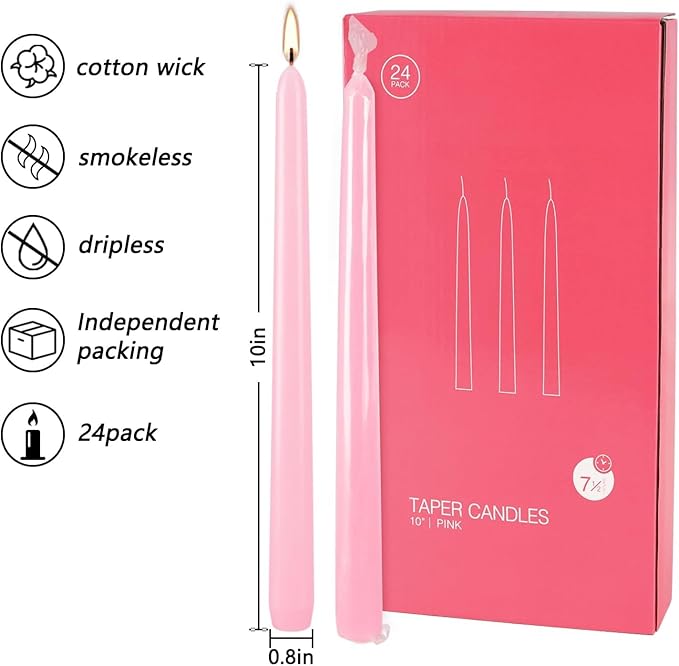 24 Pack Pink Taper Candles, 7-8 Hours Burn Time, Unscented, Smokeless and Dripless, 0.75 x 10 Inch Dinner Candle Set for Household, Wedding, Party and Home Décor Candlesticks