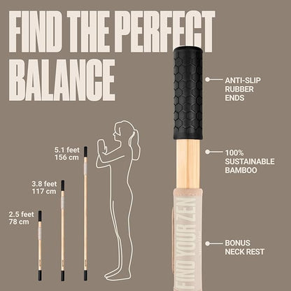 SportBit Bamboo Yoga Stick with Neck Pillow - Collapsible and Portable 5.1FT Mobility Stick and Exercise Stick - Fully Adjustable Yoga Accessories Perfect for Stretching, Posture Correction, Balance