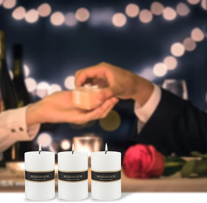 3×4 White Pillar Candles Set of 3 Unscented Handpoured Weddings, Home Decoration, Restaurants, Spa, Church Smokeless Cotton Wick