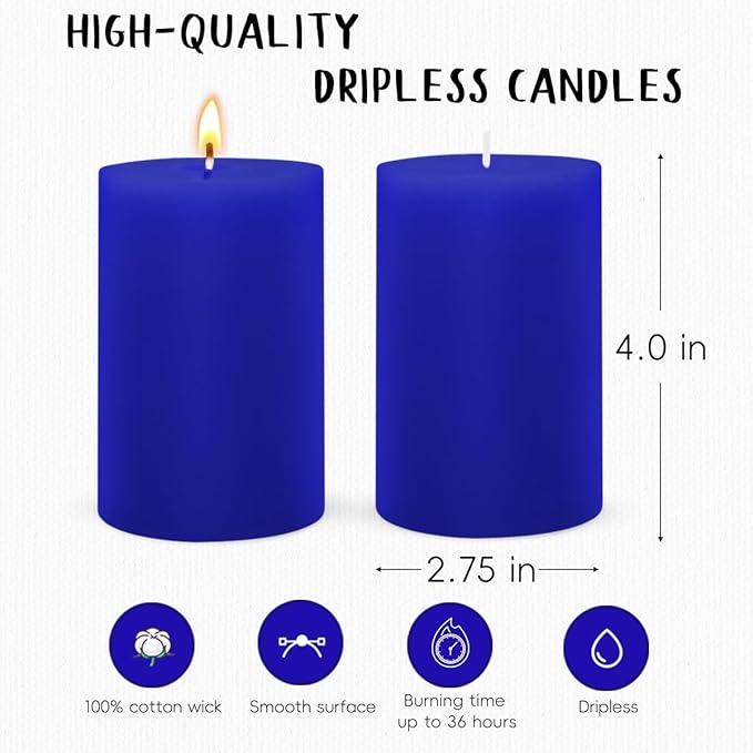 6 Packs 2.75x4 Inch Blue Colored Pillar Candles, Unscented Dripless Cylinder Wax Candles for Home Table Holiday Party Spa Decor Emergency Power Outage