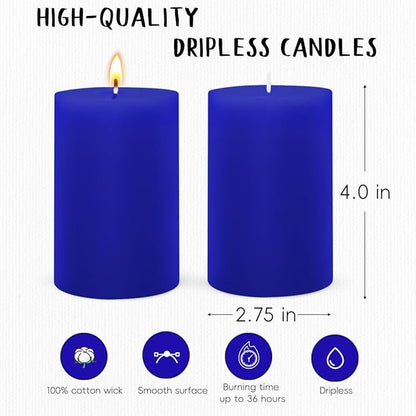 6 Packs 2.75x4 Inch Blue Colored Pillar Candles, Unscented Dripless Cylinder Wax Candles for Home Table Holiday Party Spa Decor Emergency Power Outage
