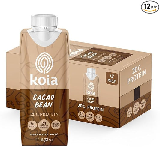 Koia Plant Based Protein Shake, Cacao Bean, 20g Protein, 3g Sugar, 6g Prebiotic Fiber, 21 Vitamins