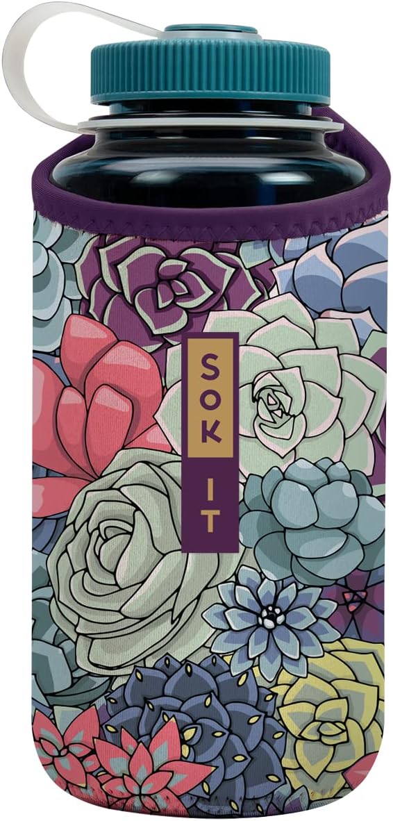 Sok It BotlSok Water Bottle Sleeve Insulated Neoprene Cover (Succulents, Fits 32oz Nalgene)