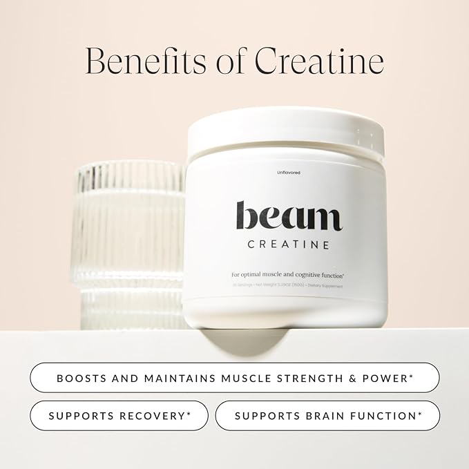 Beam Creatine Powder, Third Party Tested, Micronized Creatine Monohydrate Supplement, Creatine for Women and Men, Muscle Strength, Workout Recovery, Lean Muscle Growth, 100 Servings, Unflavored