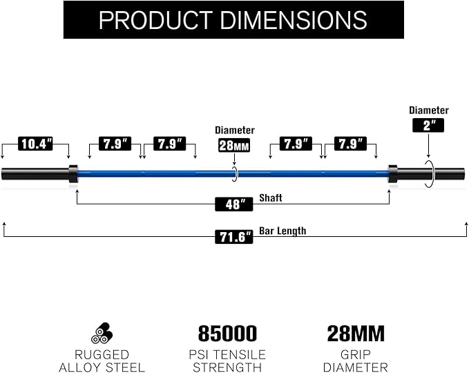 RITFIT Olympic Barbell 4ft/4.8ft/6ft - 2 Inch Weight Bar for Strength Training, Weightlifting, Squat, Deadlift, Bench Press, Curl, Overhead Press - 350lbs/500lbs Capacity