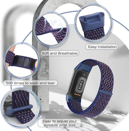 Sport Loop Nylon Watch Bands Compatible with Fitbit Charge 6/5, Adjustable Breathable Replacement Soft Nylon Loop Wristband for Women/Men