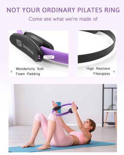 LIONSCOOL Pilates Ring Set 14" Magic Circle, 9" Mini Ball, Resistance Bands