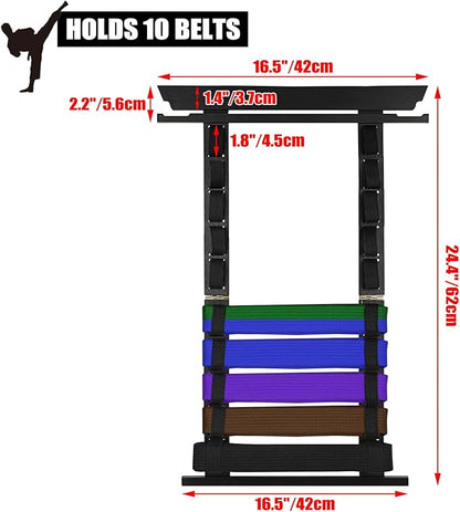 JUXYES Wall Hanging Martial Arts Belts Organizer for 10 Belts with Medal Hanger and Stickers, Bamboo Karate Belt Display Holder Rack, Taekwondo Belt Display Holder for Martial Arts Learners