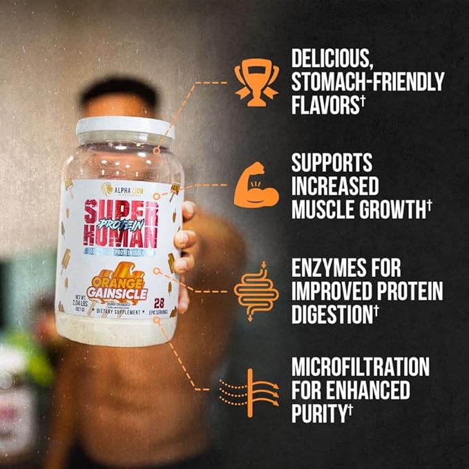ALPHA LION Superhuman Whey Protein Powder, Great Tasting Pure Whey Protein Isolate, Low Carb, Low Sugar, No Bloat Post Workout, Muscle Recovery & Growth (28 Servings, Orange Gainsicle)