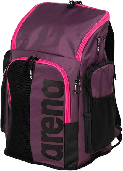 ARENA Spiky III Backpack 45 Swimming Athlete Sports Gym Rucksack Large Training Gear Equipment Swim Bag for Men and Women, 45 Liters, Plum/Neon Pink