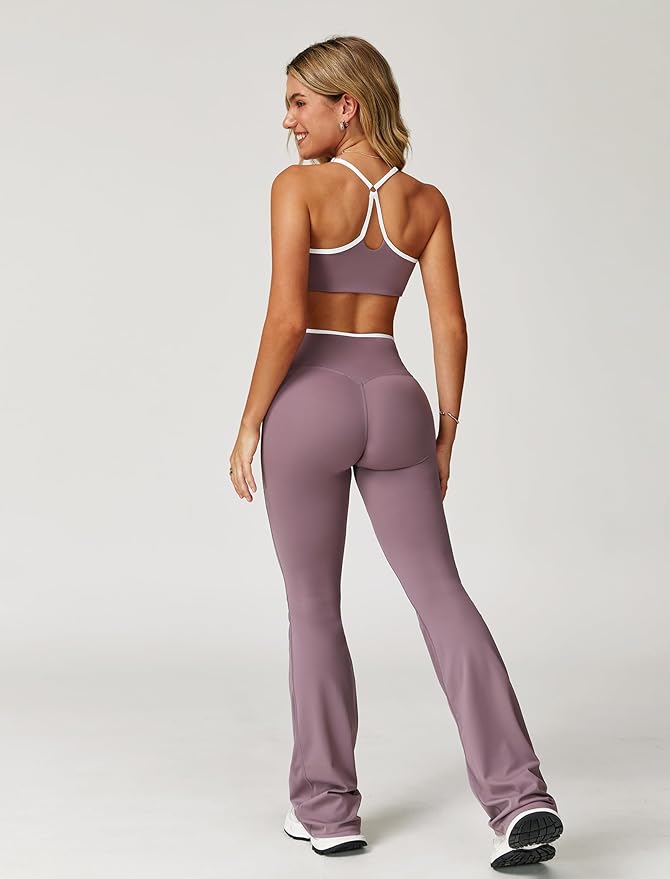 ABOCIW Workout Sets for Women 2 Piece Color Block Strappy Sports Bra High Waist Leggings Gym Yoga Pilates Outfits