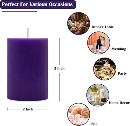 4 Packs 2x3 Inch Unscented Purple Pillar Candles, Small Dripless 24 Hours Solid Colored Column Cylinder Candles for Home Dinner Table Relaxation Spa Decoration