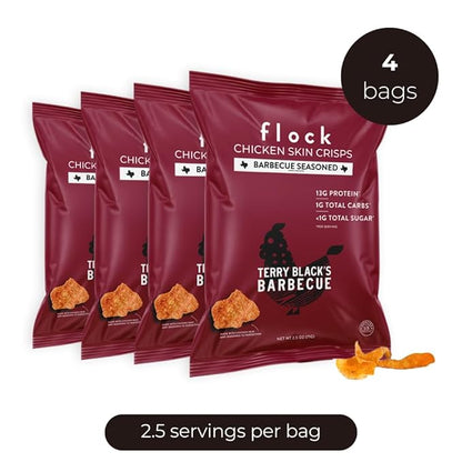 Flock Keto Chicken Skin Chips | Terry Black's BBQ Flavor | Low Carb, High Protein, Sugar Free, Gluten Free Fried Chicken Skins for People | (2.5oz) 4-Pack Crispy Flock Chips