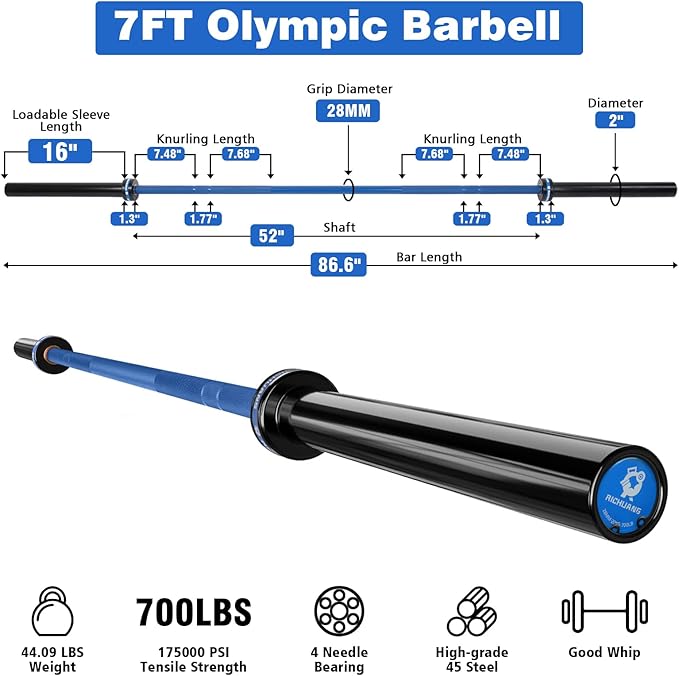 7ft Olympic Barbell, Weightlifting Barbell 28mm 45lb - 500/700/1000lbs Capacity with Smooth Spinning Sleeves, Olympic Bar Fits 2" Olympic Plates, for Snatch Clean Jerk - Home Gym Training