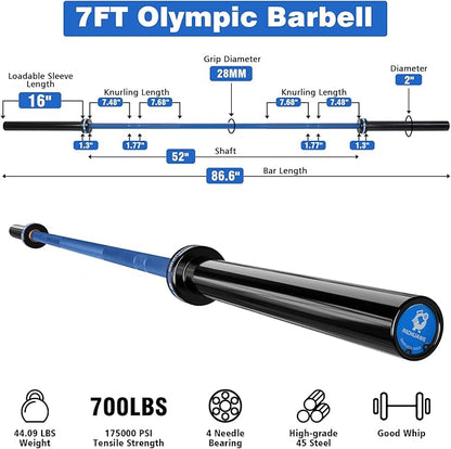 7ft Olympic Barbell, Weightlifting Barbell 28mm 45lb - 500/700/1000lbs Capacity with Smooth Spinning Sleeves, Olympic Bar Fits 2" Olympic Plates, for Snatch Clean Jerk - Home Gym Training