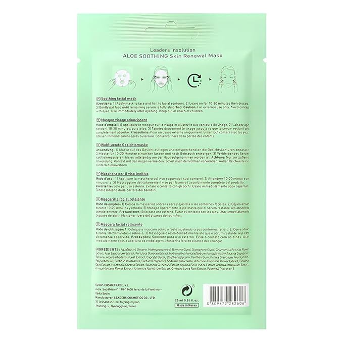 Leaders Insolution Aloe Soothing Skin Renewal Mask | Organic Aloe Leaf & Cactus Extract Hydrating Facial Treatment for Sensitive, Dry, Acne-Prone Skin | UV Repair & Hydration Boost (10 Sheets)