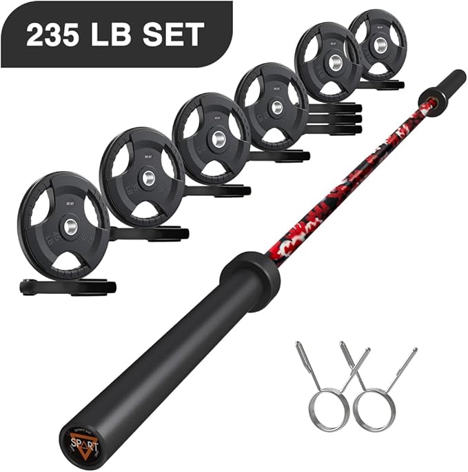 7FT Olympic Barbell Bar with Weight Plate Set Combo, Solid Olympic Bar with Bearings, 700Lbs Capacity Weight Bar for Home Gym Strength Training, Weightlifting, Powerlifting, Fit for 2" Olympic Plates