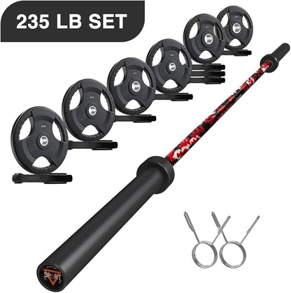 7FT Olympic Barbell Bar with Weight Plate Set Combo, Solid Olympic Bar with Bearings, 700Lbs Capacity Weight Bar for Home Gym Strength Training, Weightlifting, Powerlifting, Fit for 2" Olympic Plates