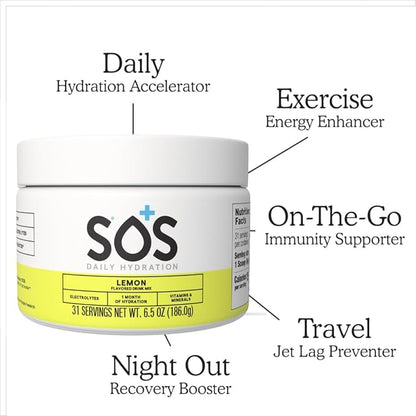 SOS Hydration Electrolyte Drink Mix (31 Servings) – Low Sugar, 15 Calorie, Keto-Friendly & Rapid Rehydration (31 Servings, Lemon)