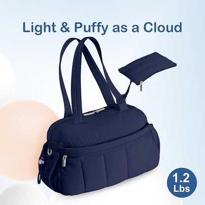 TOPDesign Travel Duffel Bag for Women, Puffer Gym Bag Sports Tote with Wet Pocket, Carry On Weekender with Luggage Sleeve (Navy Blue)