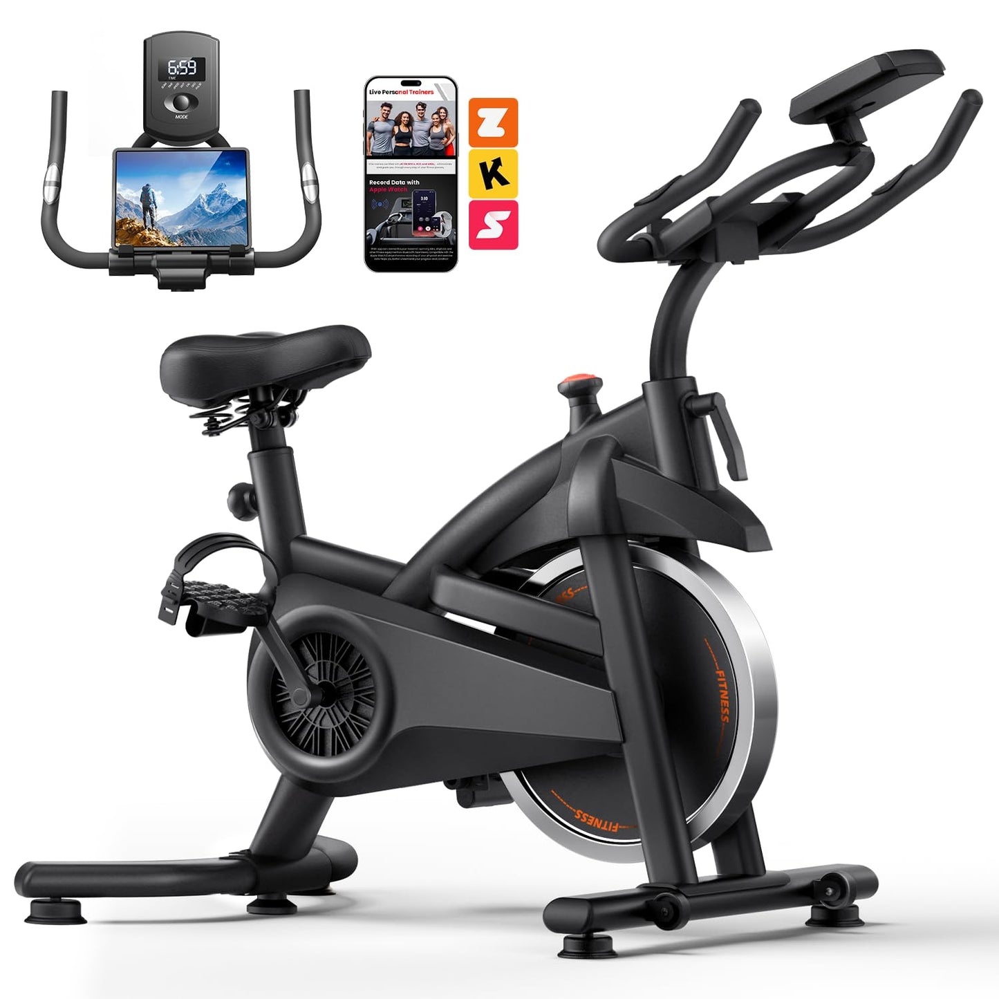 Exercise Bike,Brake Pad Stationary Bike for Home with 0-100 Resistance & App, Silent Belt Drive