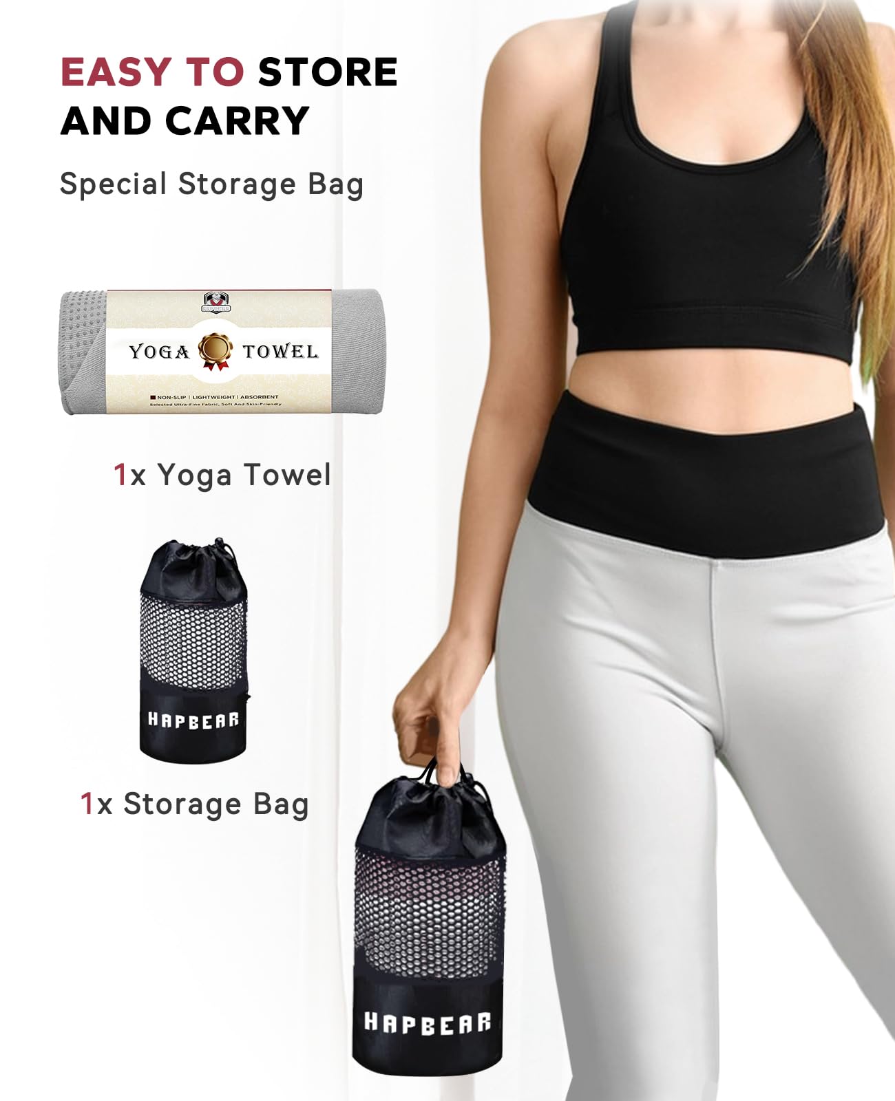 HAPBEAR Non Slip Yoga Mat Towel with Grip Dots, 72" x 24" Hot Yoga Towel - Super Absorbent