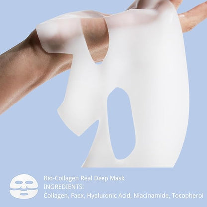Bio-Collagen Real Deep Mask, Overnight Hydrating Mask, Pore Minimizing, Firming, Yeast Extract, Low Molecular Hyaluronic Acid Solution, Low Molecular Collagen, 28g, 4ea (With nasolabial fold patches)