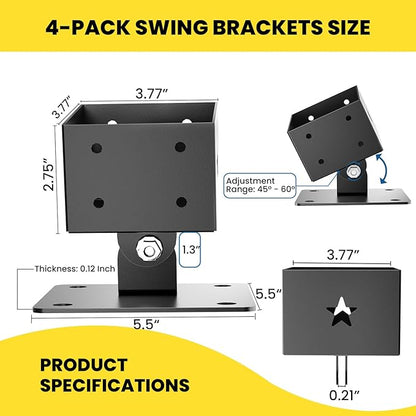 4 Pack Adjustable Swing Brackets, Heavy Duty Stainless Steel Swing Set Kit for 4"x4"(Actual 3.5"x3.5") Wood Post,Protects Wood Legs,Enhances Stability, Suitable for Outdoor Patio, Garden, Black
