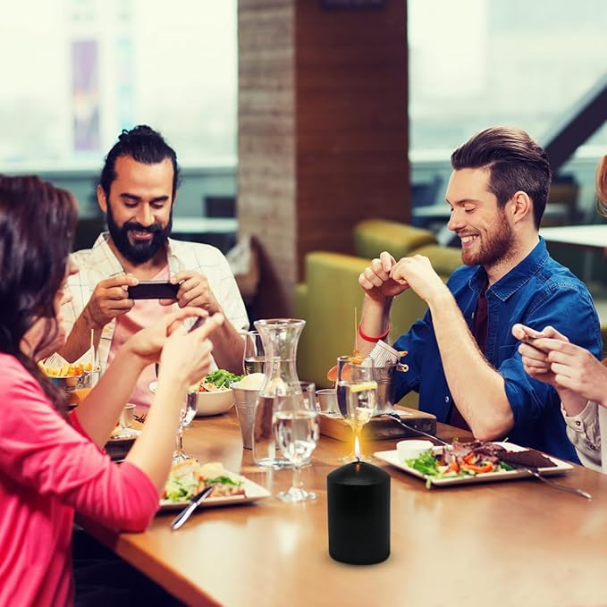 3x4 Inch Black Pillar Candles, 3 Packs Unscented Smokeless Dripless Halloween Cylinder Candles for Christmas, Wedding, Party, Home and Dinner Table, 45 Hours Burn