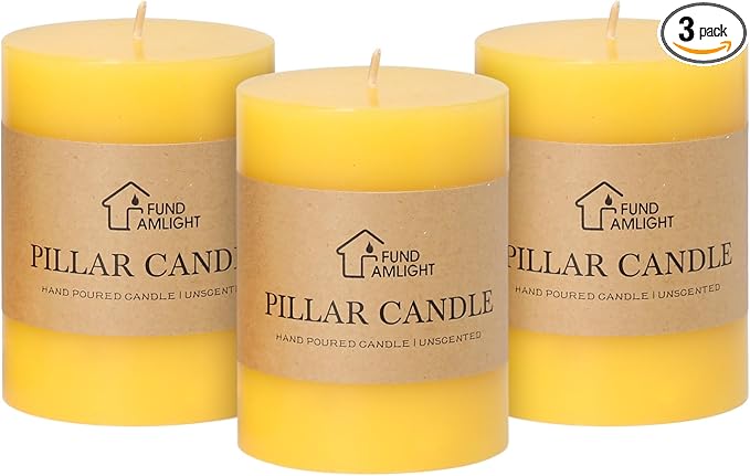 3x4 Inch Yellow Pillar Candles Set of 3 - Decorative Unscented Pillar Candle, Long Burning Dripless Candle for Table Decor, Smokeless Large Pillar Candles for Wedding Table Decor
