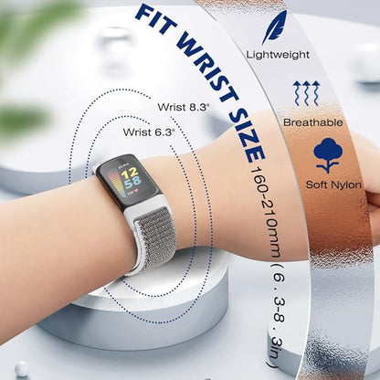 Sport Loop Nylon Watch Bands Compatible with Fitbit Charge 6/5, Adjustable Breathable Replacement Soft Nylon Loop Wristband for Women/Men