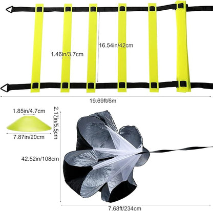 Amarine Made Speed Agility Training Set Agility Ladder (19.96ft) Including Resistance Parachute,Steel Stakes,Adjustable Hurdles,Disc Cones and a Storage Bag for Training Soccer Hockey Basketball